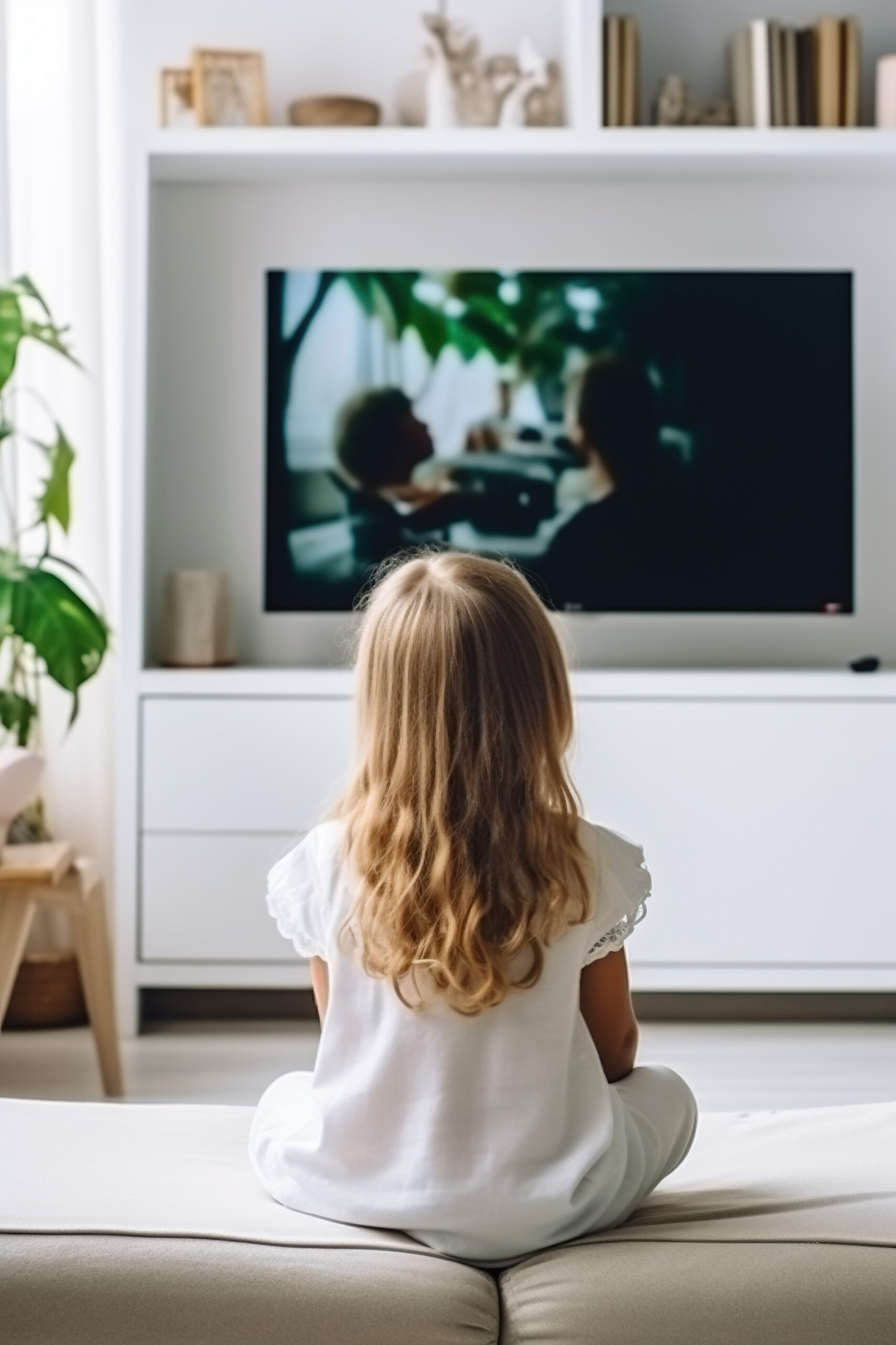 A child is watching TV in a modern interior of a white room